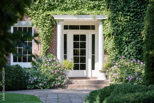 Wallpaper Mural Beautiful entrance of a brick house surrounded by lush greenery and vibrant flowers in sunlight, showcasing charming architectural details and serene landscaping in spring Torontodigital.ca