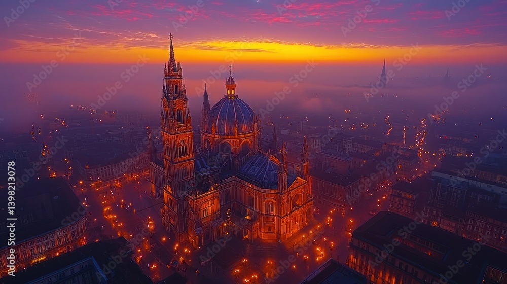 Fototapeta premium Majestic Basilica at Sunrise: A Breathtaking Aerial View of Bruges