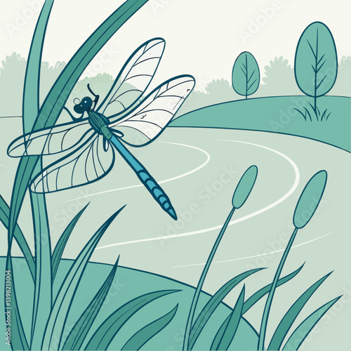 Dragonfly And Cattails Nature Illustration Vector