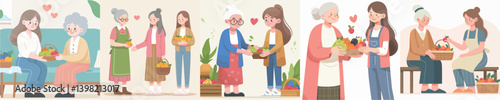 vector grandmother and young woman sharing fruit