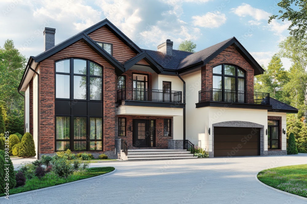 Luxurious modern house with large windows and landscaped garden located in a serene suburban neighborhood under a clear blue sky during the afternoon Luxurious modern house with large windows and landscaped garden located in a serene suburban neighborhood under a clear blue sky during the afternoon