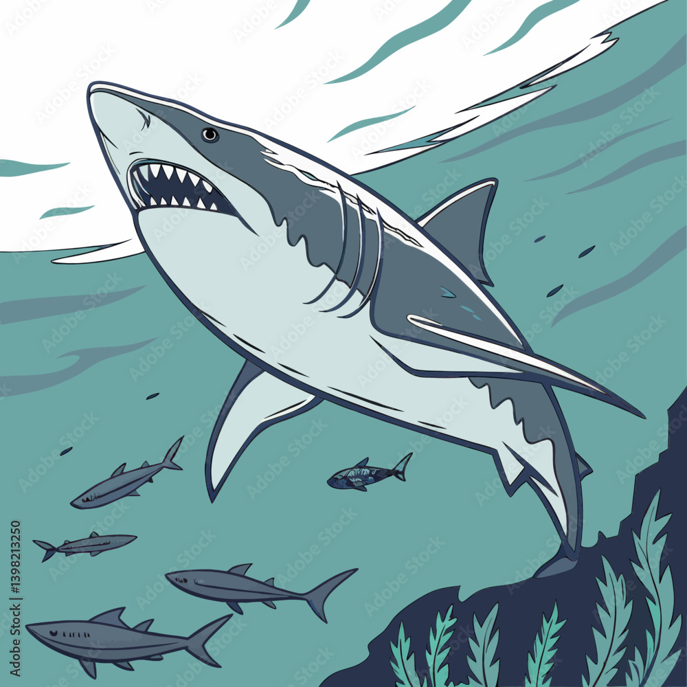 Naklejka premium Great White Shark Underwater Marine Life Illustration