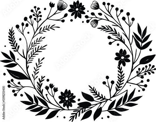Floral Wreath Black and White Botanical Illustration