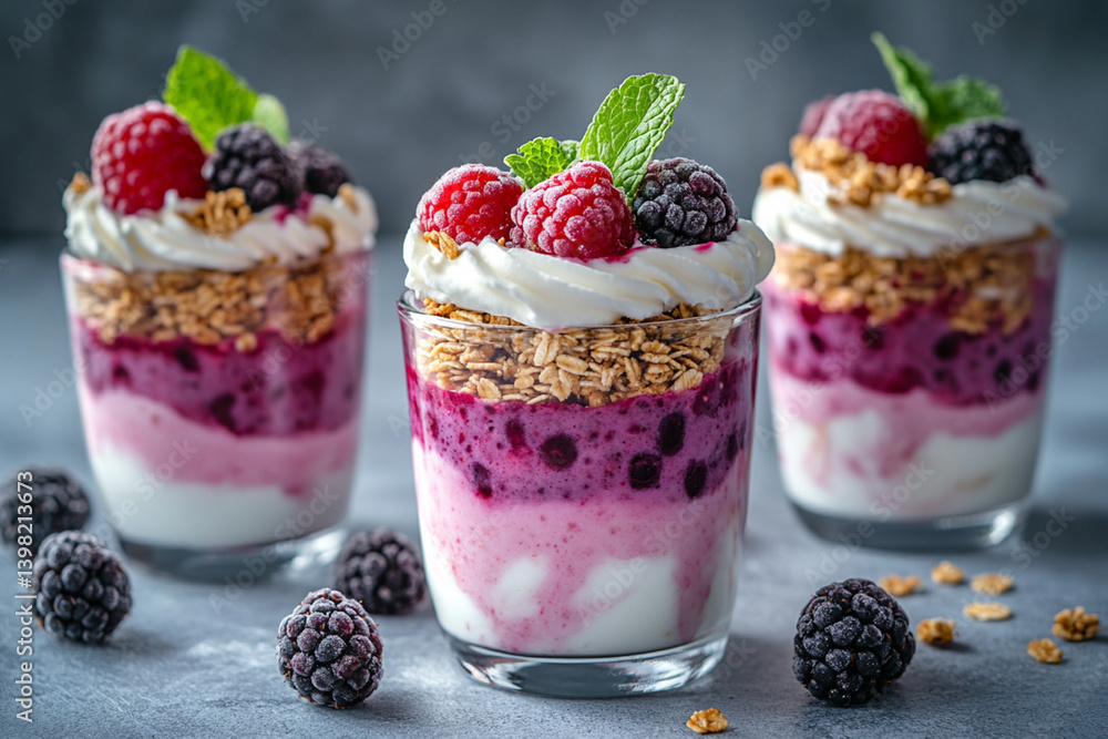Delicious and Colorful Layered Berry Parfait with Yogurt, Granola, and Fresh Mint, Perfect for Summer Treats and Healthy Breakfast Delicious and Colorful Layered Berry Parfait with Yogurt, Granola, and Fresh Mint, Perfect for Summer Treats and Healthy Breakfast