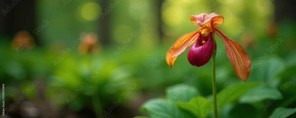 Magnificent Cypripedium calceolus in its natural habitat, leaves, ecology Magnificent Cypripedium calceolus in its natural habitat, leaves, ecology