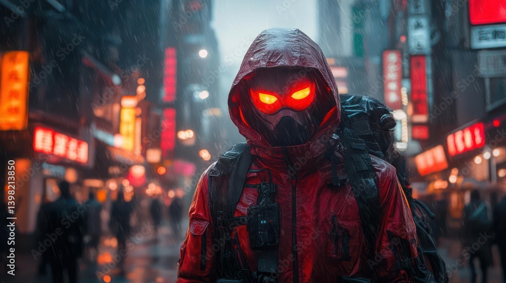 Futuristic masked figure in a rain-slicked city Futuristic masked figure in a rain-slicked city