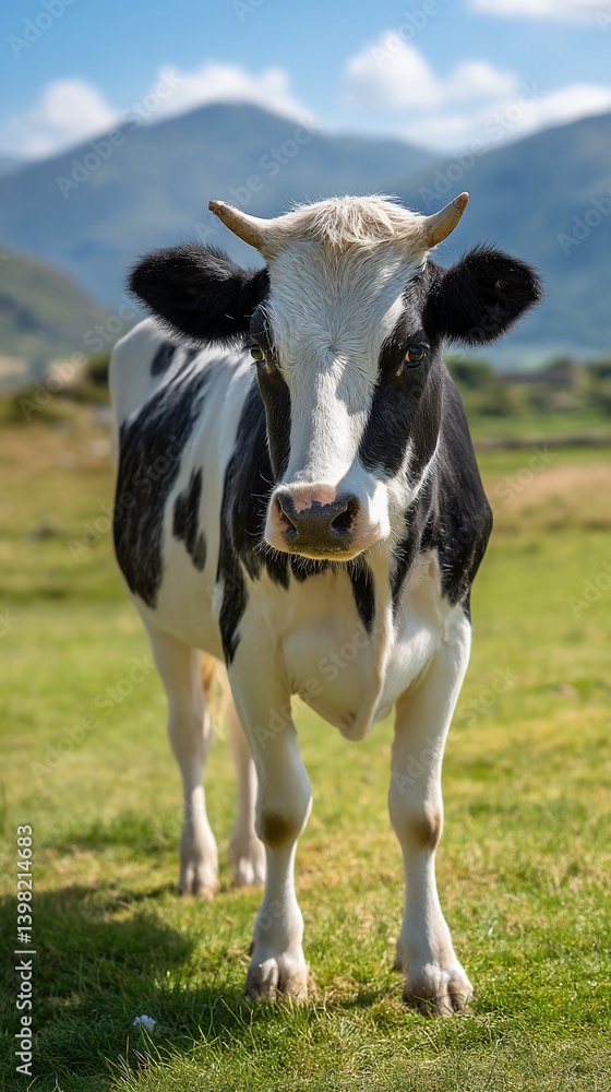Cow in a field, mountains in the background Cow in a field, mountains in the background