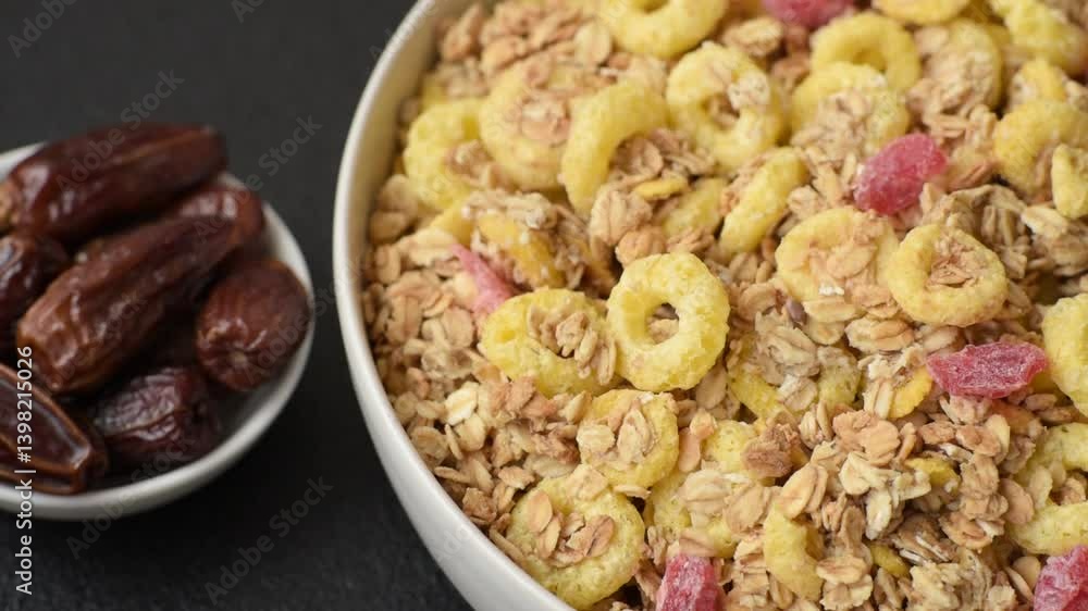 Flakes, chocolate balls and dried fruit for a hearty breakfast. Granola with chocolate flakes Flakes, chocolate balls and dried fruit for a hearty breakfast. Granola with chocolate flakes