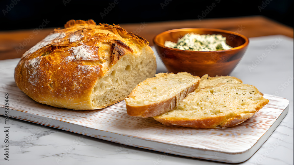 Rustic Montenegrin Bread Served on a Wooden Board with Soft Herb Butter in a Bowl Rustic Montenegrin Bread Served on a Wooden Board with Soft Herb Butter in a Bowl