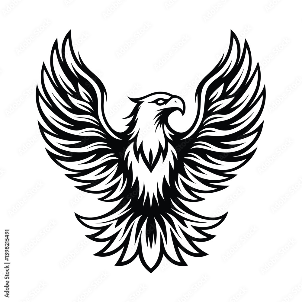 Fototapeta premium Stylized Eagle Black & White Wings Spread Out, Powerful Bird Icon, Logo