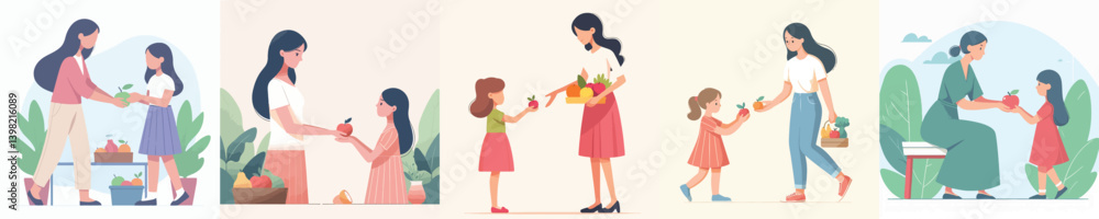 vector of woman giving fruit to girl vector of woman giving fruit to girl