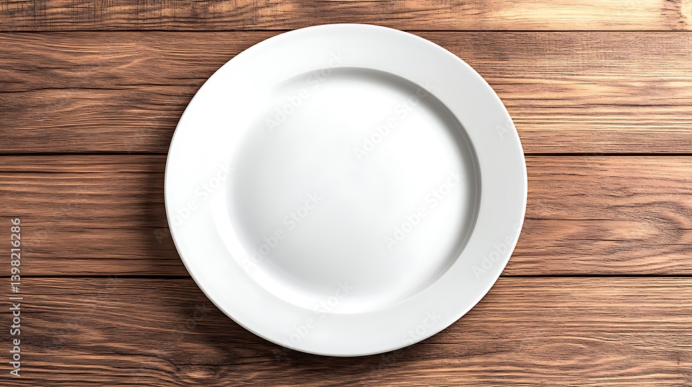 An empty white plate resting on a rustic wooden table. An empty white plate resting on a rustic wooden table.