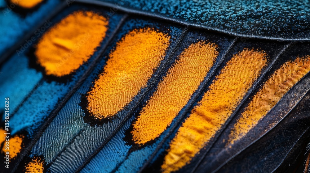 Close-up of a butterfly wing and its vibrant colors. Discover the intricate details of nature. Beauty and art are intertwined in this stunning image. Generative AI
