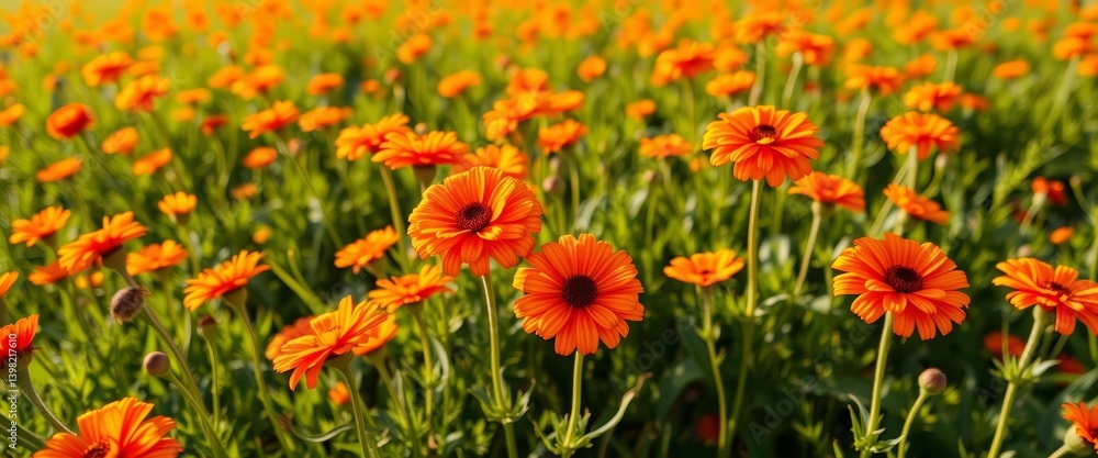 Vibrant orange ranunculus blossoms scattered across a sunlit field, texture, sunlight Vibrant orange ranunculus blossoms scattered across a sunlit field, texture, sunlight