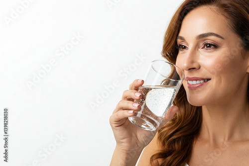 Woman drinking water on white background
