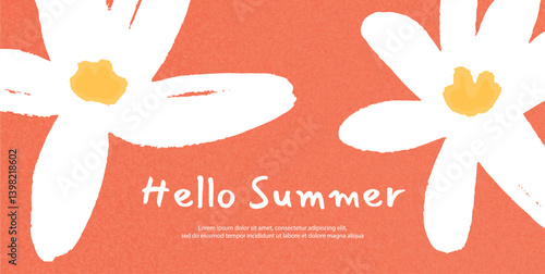 Hello Summer promotional banner with bold hand-drawn white flowers on bright textured red background. Minimalist vector flat illustration with space for text. Ideal for seasonal campaigns, marketing