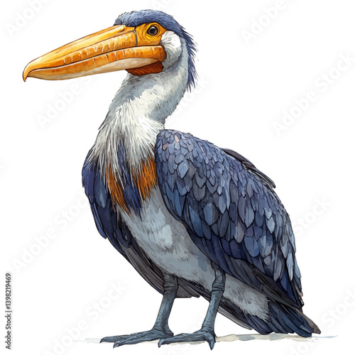 Lesser adjutant, watercolor illustration, isolated on a white background.

