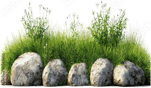 Vector composition of grass fields, meadow with rocks, greenery row, natural scenery, landscape illustration, outdoor green meadow, serene nature, vibrant grassy meadow