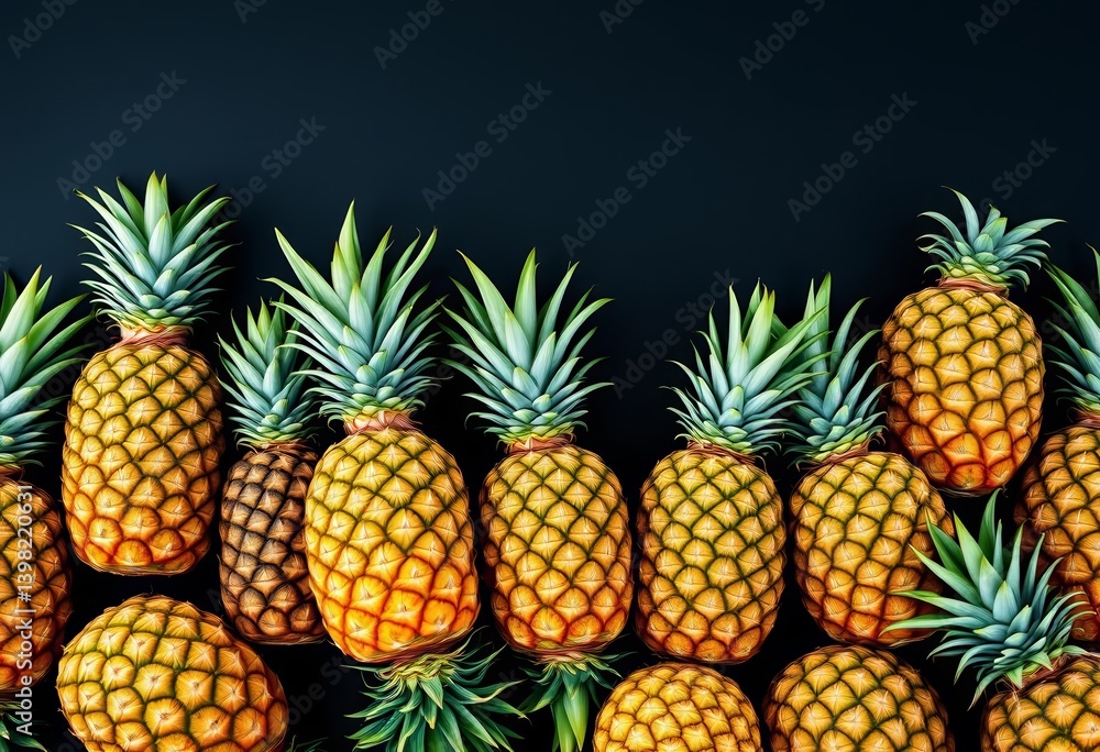 Vibrant pineapples arranged on dark background, ideal for tropical designs, food design, banner Vibrant pineapples arranged on dark background, ideal for tropical designs, food design, banner