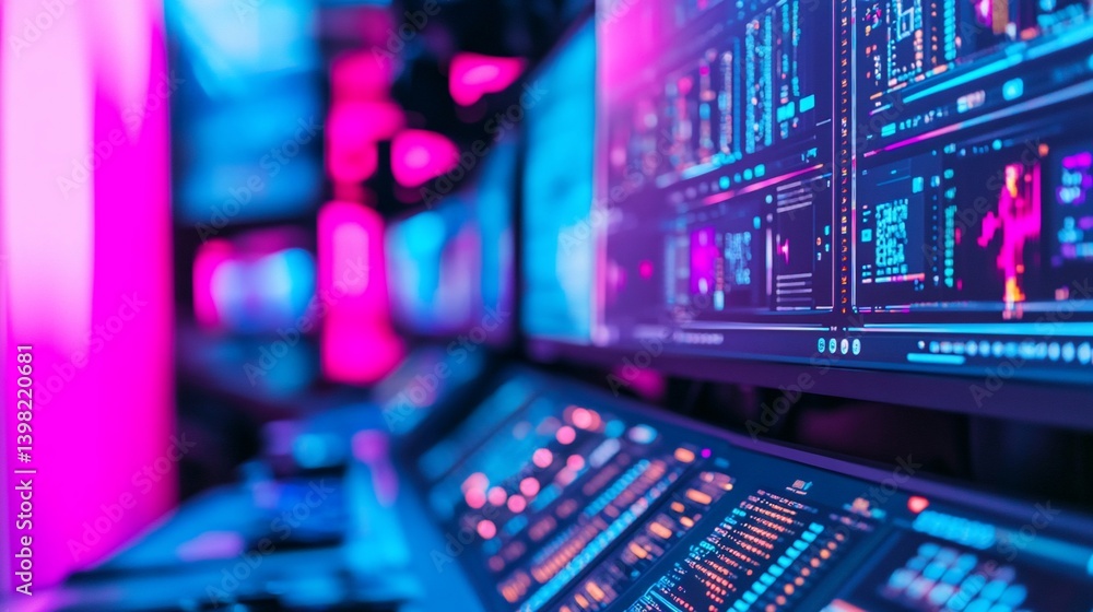 Close-up of a control panel and computer monitors displaying data in a vibrant pink and blue light. Close-up of a control panel and computer monitors displaying data in a vibrant pink and blue light.