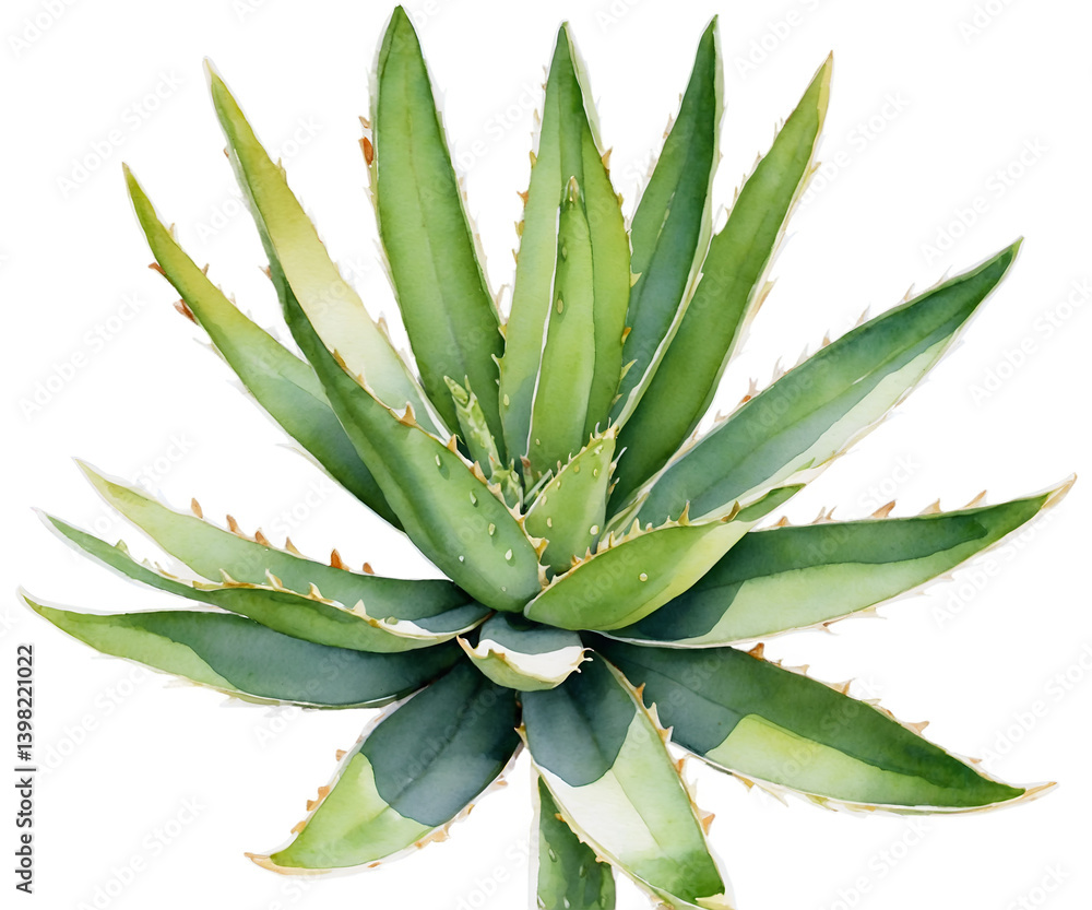 Fototapeta premium A Captivating Watercolor Illustration of an Aloe Vera Plant, A Detailed Botanical Study Showcasing the Succulent's Unique Textures and Vibrant Green Hues