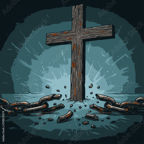 Rustic Wooden Cross Stands Tall Amidst Shattered Chains of Freedom
