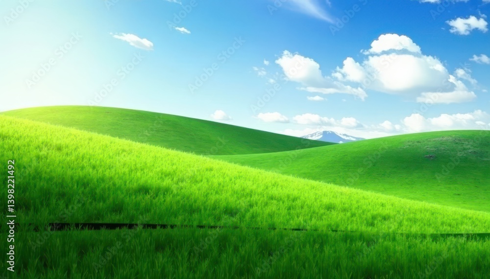 Fototapeta premium Rolling hills of emerald grass, soft light, tranquil setting, summer, lush