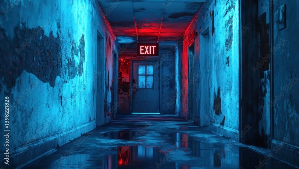 Obraz premium Eerie Neon Glow in Abandoned Hospital Corridor