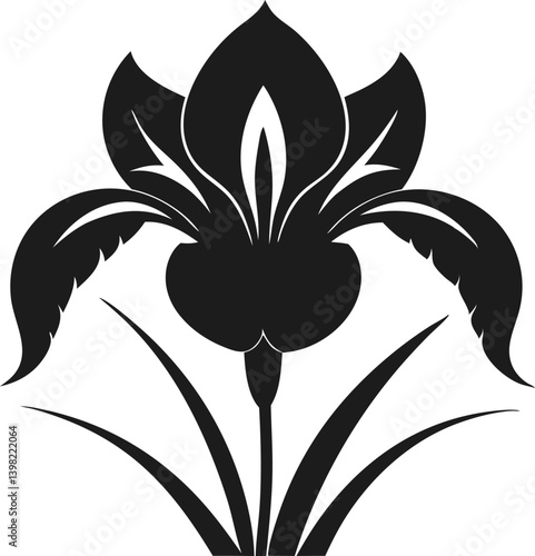 Black iris flower silhouette vector artwork illustration with detailed petals