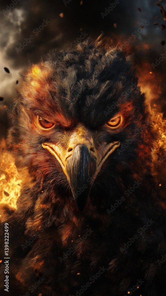 Fototapeta premium Burning Eagle: A majestic eagle, ablaze with fiery energy, its intense gaze reflecting the heart of the flames, set against a dramatic backdrop.