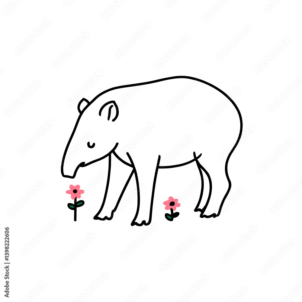 Obraz premium Cartoon tapir enjoying flowers in a minimalist style 