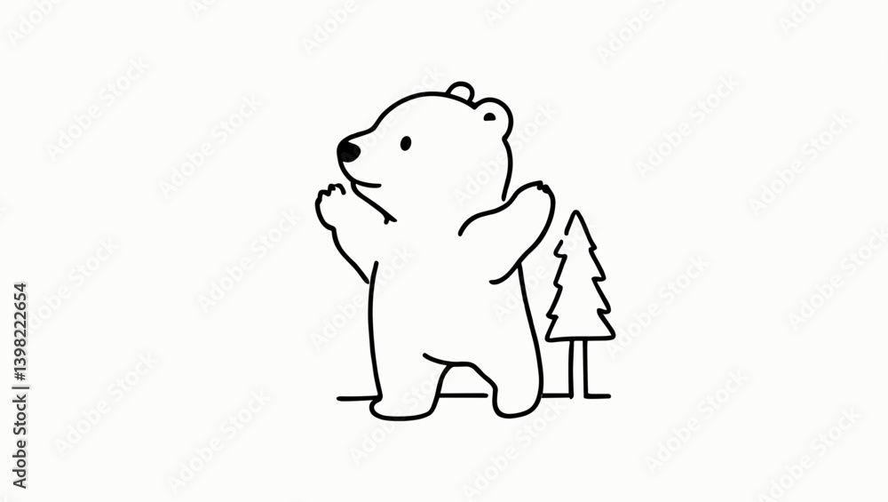 Obraz premium Cartoon bear waving with a tree in simple line art style 