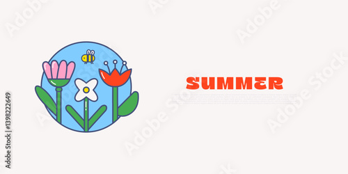 Colorful summer banner with flowers, a bee, and bold red text. Bright, playful design in cartoon style, perfect for seasonal promotions, kids' events, or eco-themed content.