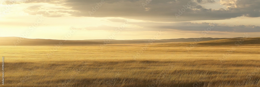 Golden sunset over a vast, flat grassland.