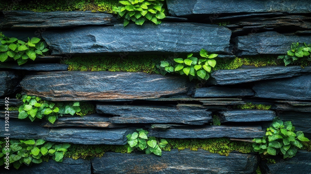 Dark stone wall with vibrant greenery Dark stone wall with vibrant greenery