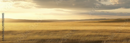 Obraz na płótnie Golden sunset over a vast, flat grassland. w salonie