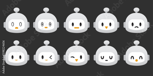 Cute AI Robot Character Face with Various Emotions – Cartoon Vector Illustration. AI robot character showcasing diverse emotional expressions, including happy, sad, surprised, and playful face