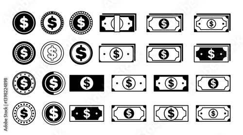 Isolated Money vector icon design, Black Coin Clip art, Bank  note, Finance and Business graphic elements, symbol, sign buttons on Transparent background