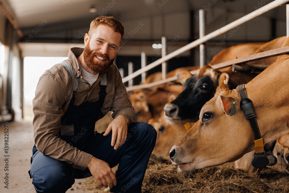 Portrait handsome young bearded farmer man in uniform against background of pen with cow. Concept worker of cattle livestock industry.