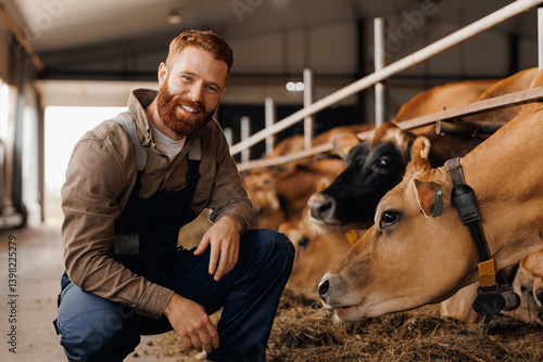 Obraz na płótnie Portrait handsome young bearded farmer man in uniform against background of pen with cow. Concept worker of cattle livestock industry. w salonie