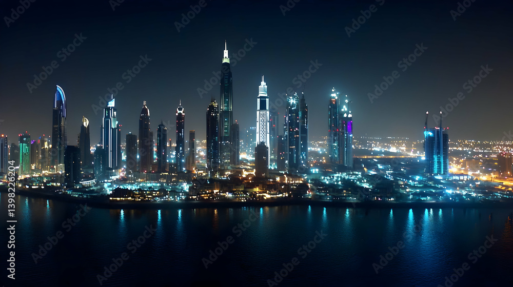 Obraz premium Night City Skyline With Glowing Skyscrapers