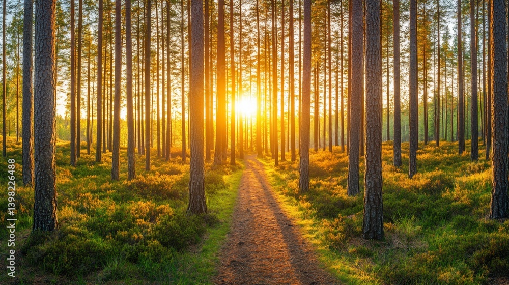 Sunset illuminating path through dense pine forest. Sunset illuminating path through dense pine forest.
