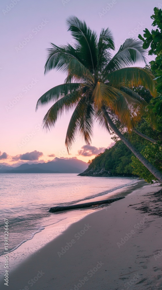 A serene beach scene with swaying palm trees and gentle waves. The soft colors of the sunset create a tranquil atmosphere. Perfect for relaxation and escape. Generative AI