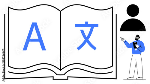 Open book with letters in different languages, person teaching. Ideal for education, linguistics, translation, study, culture exchange, multilingualism communication. Flat simple metaphor