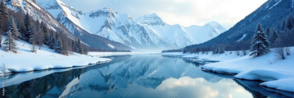 Fototapeta premium Snowy mountain range reflecting in still, icy river, scenic, mountain
