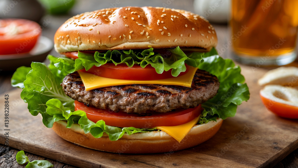Mouthwatering double cheeseburger with fresh toppings Mouthwatering double cheeseburger with fresh toppings