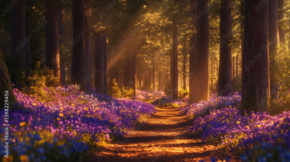 A tranquil forest path lined with vibrant wildflowers invites exploration. Sunlight beams pierce through the trees creating a magical atmosphere. Generative AI