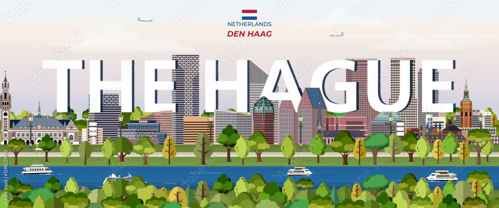 The Hague cityscape colorful vector illustration with big city name on the background. Travel trendy poster