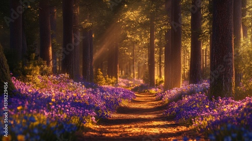Obraz na płótnie A tranquil forest path lined with vibrant wildflowers invites exploration. Sunlight beams pierce through the trees creating a magical atmosphere. Generative AI w salonie