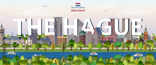 Obraz na płótnie The Hague cityscape colorful vector illustration with big city name on the background. Travel trendy poster w salonie